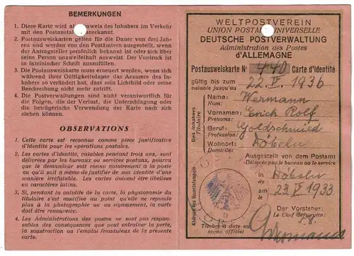 1933, Postausweis  vion DÖBELN mit 20 und 30 Pfg. Hindenbirg Wr.