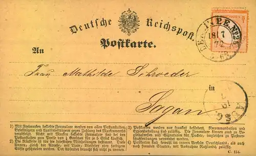 1872, 1/2 Groschen kleiner Brustschild orange auf Karte ab BERLIN P.E. No. 25