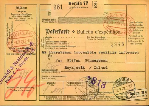 1929, Selbstbucher Paketkarte "BERLIN 77 - Gebühr bezahlt" nach Reykjavik