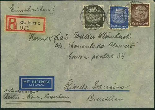 1940, beidseitig frankierter Luftpost-R-brief an Köln-Feutz  nach Brasilien