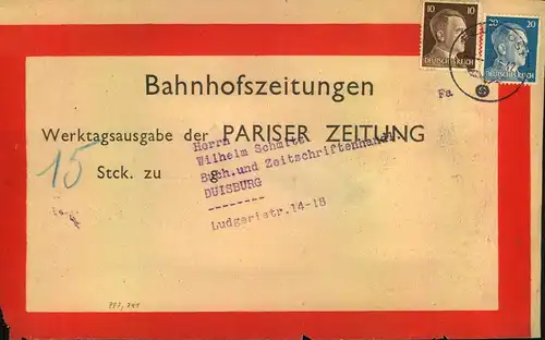 1942, Adressteil Bahnhofszeitungen für 15 Stck "PARISER ZEITUNG"mit Feldpoststempel nach Duisburg.
