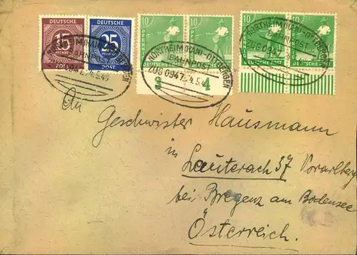 1947,10 Pdf. Arveiter in "a" und "b"   (Paar) Zusatzfrankatur auf Auslandsbrief m. Bahnpost ""NOTZHRIM-OTTTBERGEN"