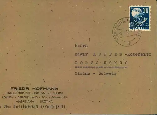 1950, BADEN; 30 Pfg. UPU portogerecht auf Auslandsbrief ab RADOLFZELL