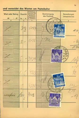 1951, Einlieferungsbuchseite mit 2-mal 15 und 2-mal 30 Pfg. Bauten entwertet "WIEDBADEN"