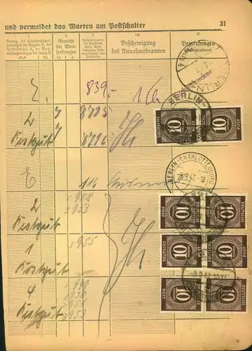 1947, 10 Pfg. Ziffer 8 Stück je als MeF auf Einlieferungsbuchseite "BERLIN-CHARLOTTENBURG