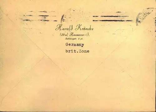 1948, Auslandsbrief ab "HANNOVRT 10.7.48" mit MeF 10 Pfg. Bandaufdruck in fie USA