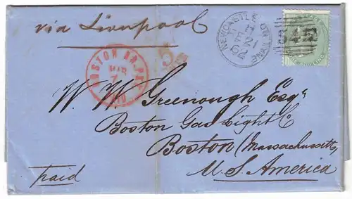 1862, 1 Sh. en'nbossed" on folded letter with Duplex NEWCASTLE ON TYNE