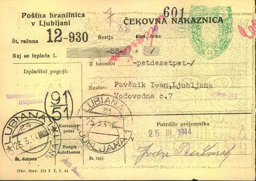 1944, JAIBACH, Postanweisung von LUVIANA