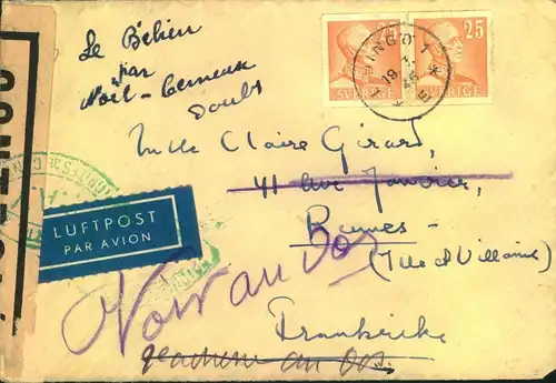 1945. air mail from Sweden  with French censor