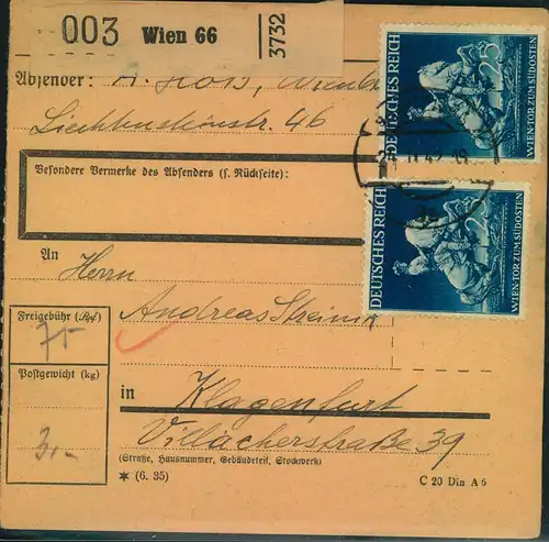 1942, 25 Pfg. Wiener Messe dreimal, davon einmal rückseitig, auf Paketkarten-Stammteil ab WIEN.