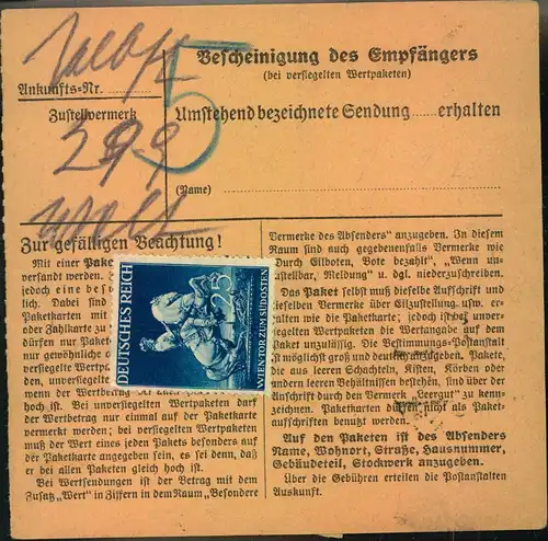 1942, 25 Pfg. Wiener Messe dreimal, davon einmal rückseitig, auf Paketkarten-Stammteil ab WIEN.