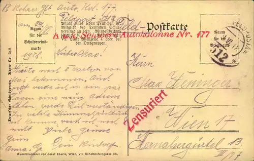 1918, Ak von Bozen zensuriert mit Truppenstempel "Schwere Autokolonne Nr. 177"