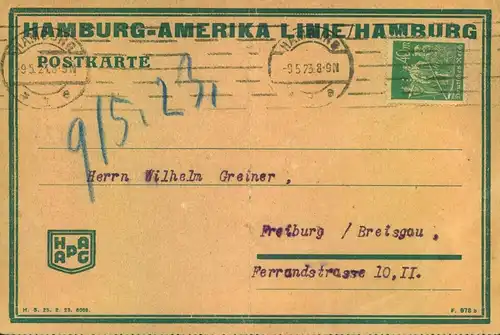 1923, Firmenkarte "Hamburg-Amerika-Linie", frankiert mit 40 M. Bauer mit Firmenlochung