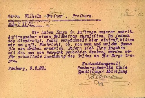 1923, Firmenkarte "Hamburg-Amerika-Linie", frankiert mit 40 M. Bauer mit Firmenlochung