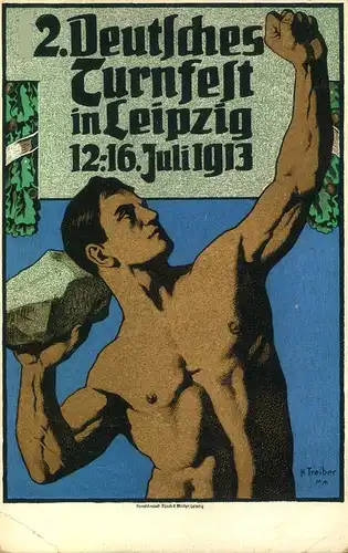 1913, dekorativer Sonderkarte zum "12. Deutschen Turnfest in Leipzig" gelaufen mit Maschinen-Sonderstempel