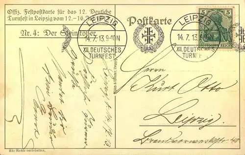 1913, dekorativer Sonderkarte zum "12. Deutschen Turnfest in Leipzig" gelaufen mit Maschinen-Sonderstempel