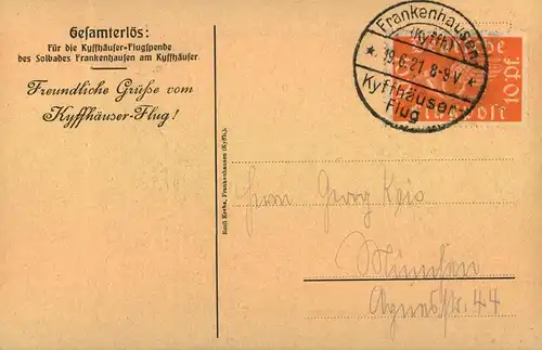 1921, bessere Sonderkarte zum "KYFFHÄUSER-FLUG" blanko mit Sonderstempel