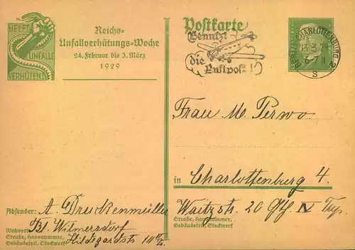 1929, 5 Pfg. Orts-Ganzsachenkarte, ab CHARLOTTENBURG 2, Sonderkarte