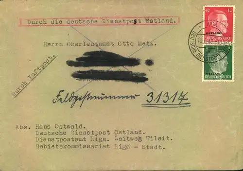 1942, DEUTSCHE DIENSTPOST OSTLAND, LuftpostBrief ab RIGA