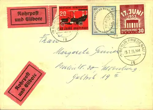 1955, Rohrpost-Eilbrief mit besserer MiF ab "BERLIN-FRIEDENAU"