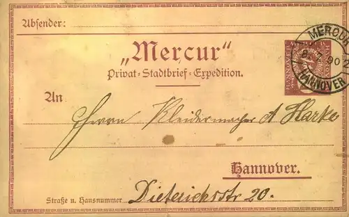 1890, "MERCUR", Hannover Privatpostkarte gebraucht,