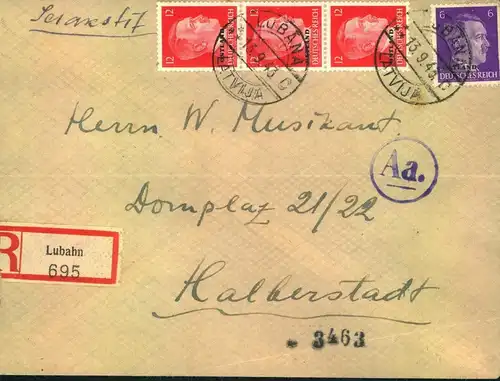1943, Deutsche Besetzung Lettland, Einschreiben ab "LUBANA (Lubahn)", mit Zensur-Durchlaufstempel "A.a."