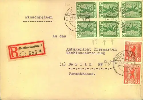 1946, Doppel-Orts-Einschreiben mit Bärenfrankatur, ab "BERLIN-STEGLITZ 1, 21.1.46"