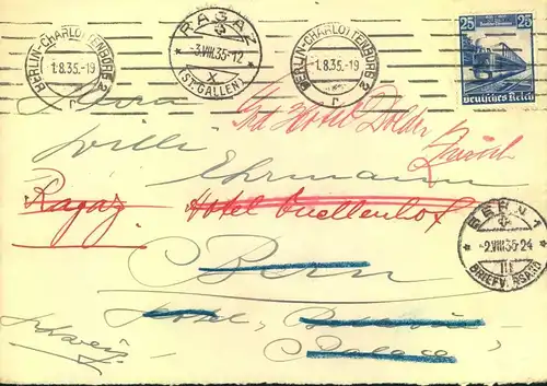 1935, Auslandsbrief mit 25 Pfg. "100 JAHRE DT. EISENBAHN" in die Schweiz mit Nachsendung