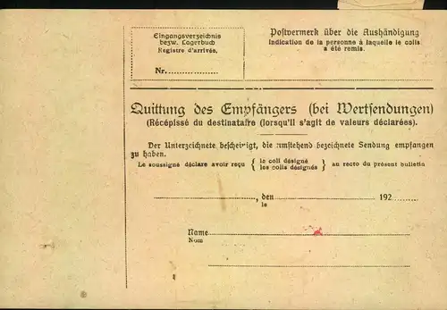 1923, Auslanspaketkarte ab "BARMEN-3 18.8.23" mit Barfrankatur nach LUZERN