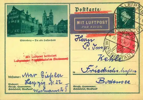 1932, Bildganzsache per Luftposkarte ab LEIPZIG nach Friedrichshafen mit Bestätigungstempel