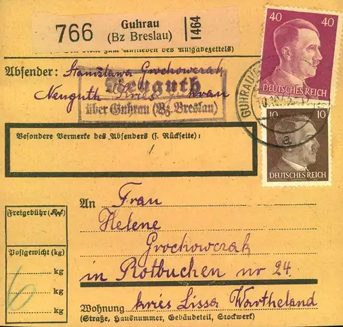 1943, Paketkarte ab "GUHRAU Kr. Breslau" mit Landpoststempek