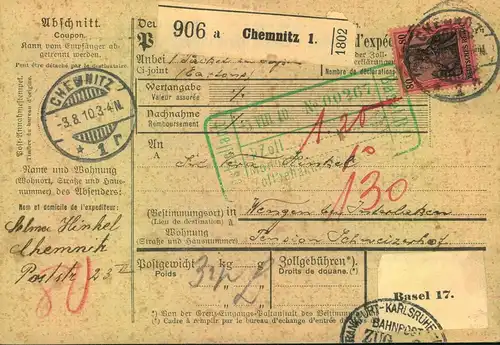 1910, Paketkarte ab  CHEMNITZ mit EF 80 Pfg. Germania in die Schweiz