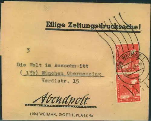 1948: WÄHRUBGSREFORM, Zeitungsdrucksache im alten RM-Tarif ab "WEIMAR 23.6.38".