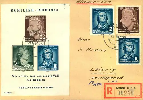 1955, SCHILLERJAHRm R-Brief mit Block- und Satzfrankatur DDR