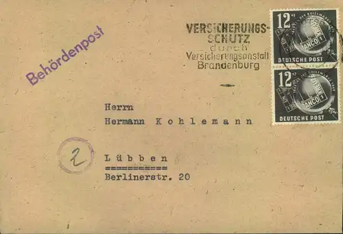 1950,, 12 Pf. "Tag der BrIefmarke" im Paar auf Behördenpost ab POTSDAM