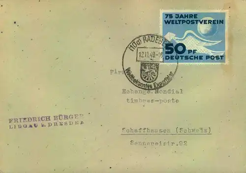 1942, 50.Pf. UPU als EF mit SSt RADEBEUL in die Schweiz