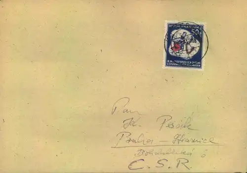 1951, 50 Pf. Weltfesrspiele als EF auf Brief ab GERA nach Orag.