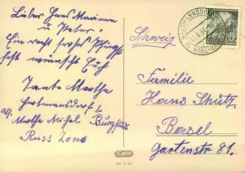 1954, 20 Pf. Fünfjagresplan auf Postkarte in die Schweiz