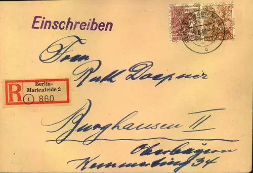 1948, Einschreiben ab BERLIN-MARIENFELDE mit 60 und 24 Pf- Netzaufdruck