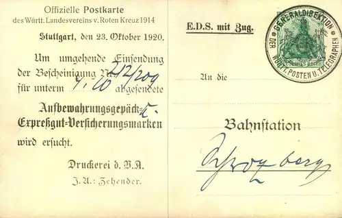1916, offizielle Postkarte des württembergischen ROTEN KREuZES
