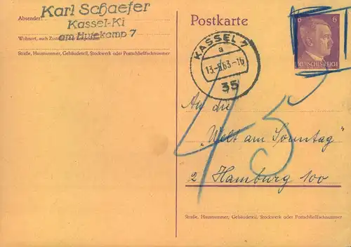 1963, 6 Pfg. Hitler Ganzsache ab KASSRL mit Nachporto "45"