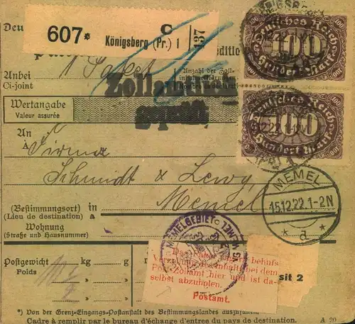 1922, Paketkarte vom KÖNIGSBERG nach MEMEL mit Zolllabfertigung