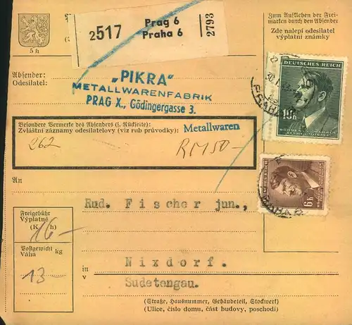 1942 ca., BÖHMEN UND MÄHREN, Paketkarte aus PRAG