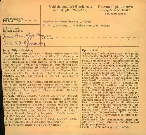 1942 ca., BÖHMEN UND MÄHREN, Paketkarte aus PRAG