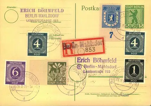 1946, dekorative Orts-R-Karte "BERLIN - MAHLSDORF 29.9.46"
