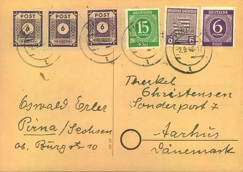1946, portogerechte Auslandskarte ab PIRNA nach Dänemark- Interessante Mischfrankatur