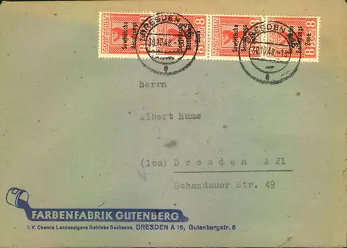 1948, Doppek Ortsbrief mit 4-mal 8 Pf. Bär Masch- Aiufdruck ab DRESDEB A 16