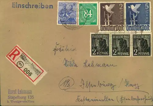 1948, 10-fach Einschreiben mit 5 Mark Taub ab Stapelburg