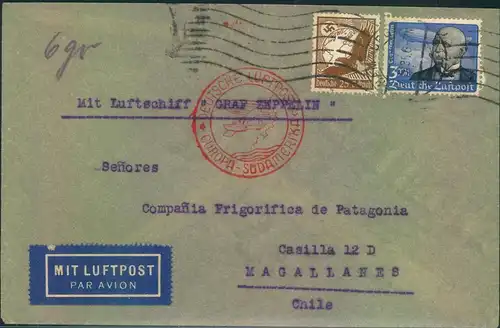 1935,  Luftpostbrie ab HAMURGGOF nach Megellanes, Chle