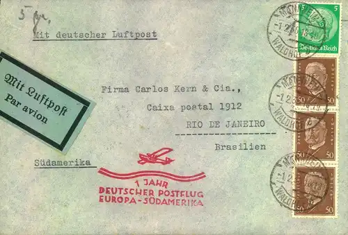 1935,  Luftpostbrie ab MANNHEIMWALDGOF